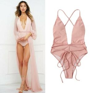 Plunging pink braided tie one piece swimsuit